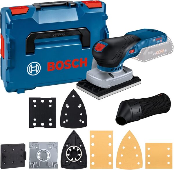 Bosch Professional 18V System ponceuse vibrante sans-fil GSS 18V-13 (avec sac à poussière, 3 plateaux, 3 feuilles abrasives, gabarit de perçage, dans L-BOXX) + 1x Expert Cale Dual Density