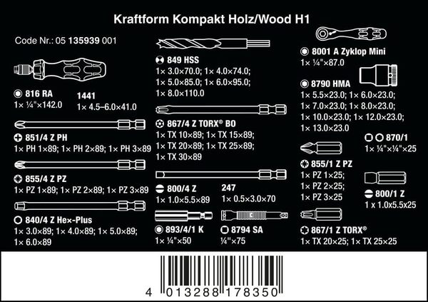 Wera 05135939001 Kraftform Kompakt H 1 Bois, Jeu d’outils, 41 pièces Noir