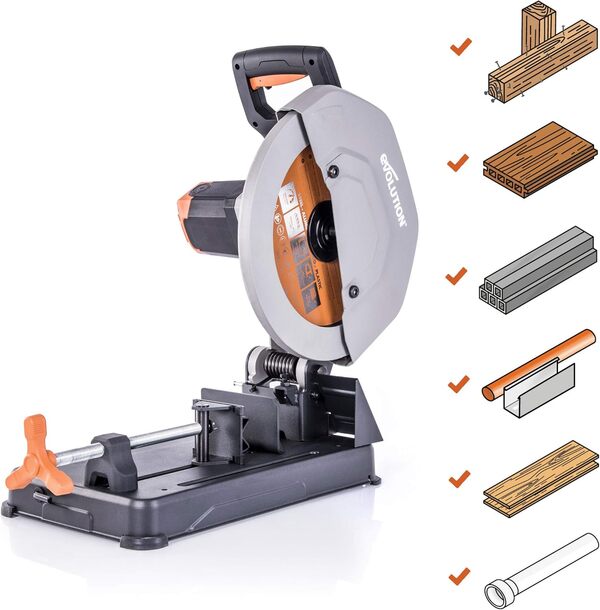 Evolution Power Tools Scie À Tronçonner Avec Lame Circulaire De 355 Mm Pour Une Coupe Multi-Matériaux, Couper Le Métal, Le Bois, Le Plastique, Capacité de Coupe de 120 x 120 mm, 0-45˚ Onglet, R355CPS