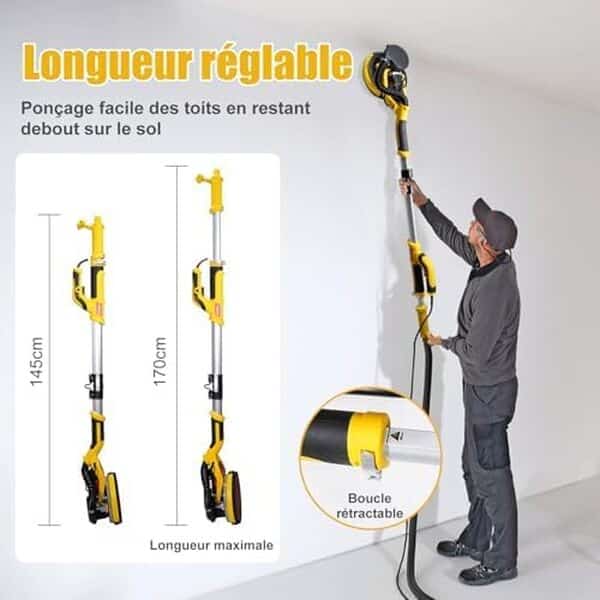 HYCHIKA Ponceuse Girafe avec Aspirante, Poignée Pliable Extensible, Ponceuse Murale avec Lumière LED, 6 Vitesses de Vitesse Variable, Diamètre du Disque de Meulage 214mm