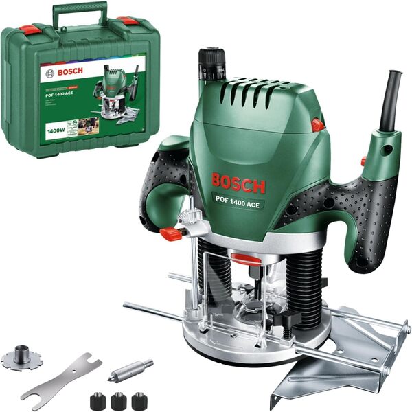 Bosch Home and Garden Défonceuse POF 1400 ACE - Livrée Avec Set d'Accessoires, Régulation Électronique Constante & Coffret de 15 Fraises au Carbure (Queue Ø 8 mm)