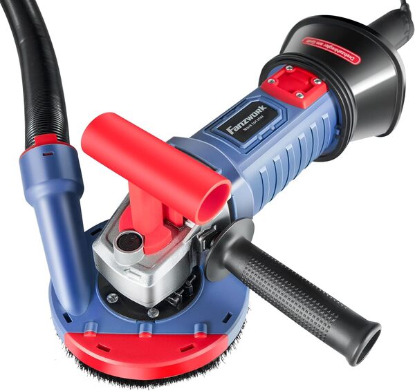 FANZWORK Ponceuse béton 1500W, vitesse réglable, meule diamant 125 mm, capot d’aspiration, poignée T – Idéale pour béton, chapes et ponçage