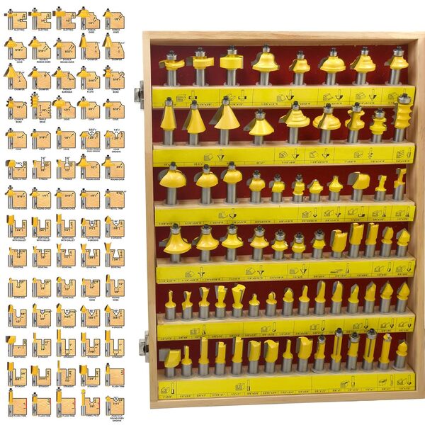 Lot de 70 fraises à défoncer avec tige de 1,27 cm et 6 roulements en carbure professionnel pour menuisier, droit, queue d'aronde, chanfrein, ogée, rainurage en V, arrondi