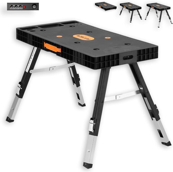 Établi Pliable 5 en 1 Fuxtec FX-WB - Multifonction Utilisable Comme Planche à Roulettes / Chevalet De Sciage / Table De Travail Ou Échafaudage - Prises Électriques intégrées
